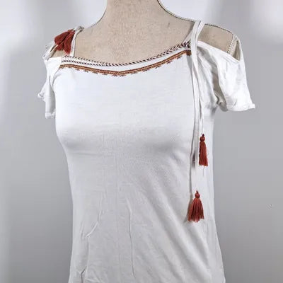 Cache Cache Bohemian White Cold Shoulder Top with Embroidery, Size XS