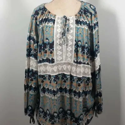 Tunique Bohème Size Up – Dentelle & Fleurs Bleu/Camel – 100% Coton – Grande Taille 54/56