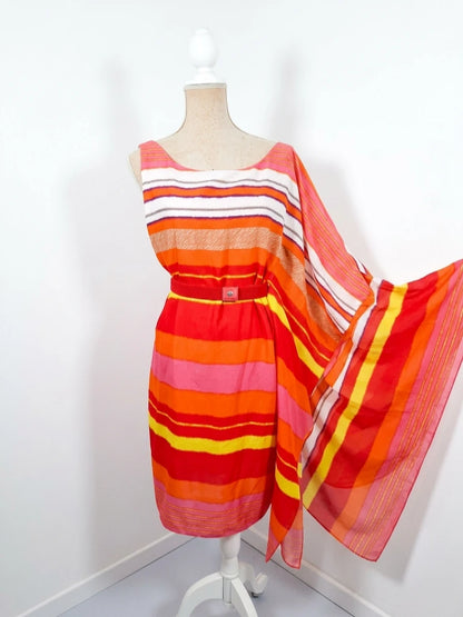 Robe Manoukian asymétrique orange rose jaune drapée M 38