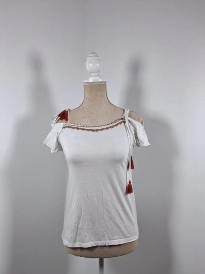 Cache Cache Bohemian White Cold Shoulder Top with Embroidery, Size XS