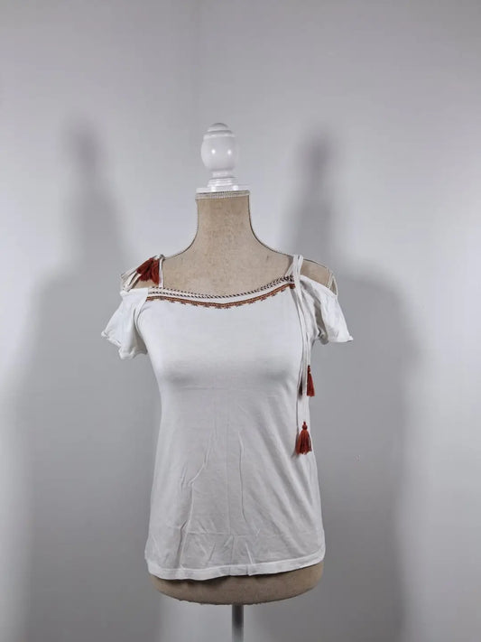 Cache Cache Bohemian White Cold Shoulder Top with Embroidery, Size XS