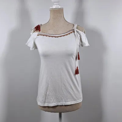 Cache Cache Bohemian White Cold Shoulder Top with Embroidery, Size XS