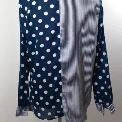 Chemise Tissaia – Mix Pois & Rayures Bleu Marine/Blanc – Coupe Asymétrique – Taille 40 (L)