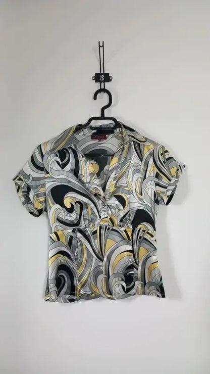 Haut Satiné la city Taille 2 – Top Vintage Imprimé Arabesques Jaune & Gris