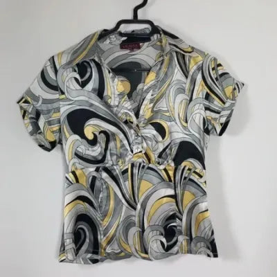 Haut Satiné la city Taille 2 – Top Vintage Imprimé Arabesques Jaune & Gris