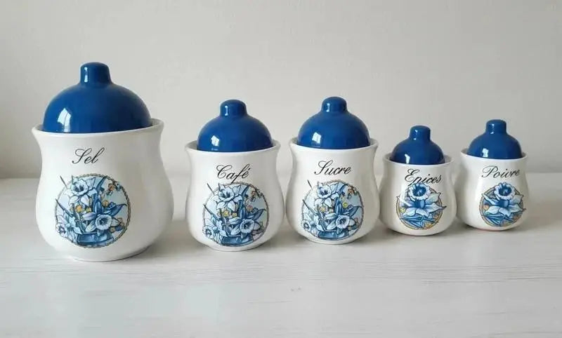 Superb set of 5 vintage ceramic spice jars