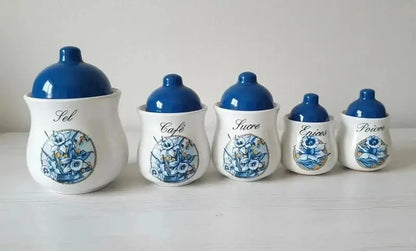 Superb set of 5 vintage ceramic spice jars