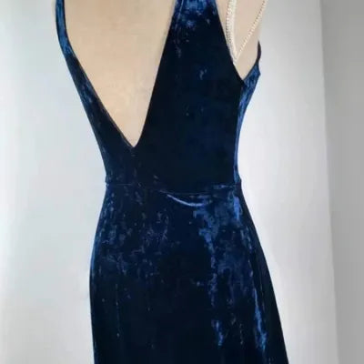 New H&M Navy Blue Velvet Skater Dress - Size 34 - V-Back