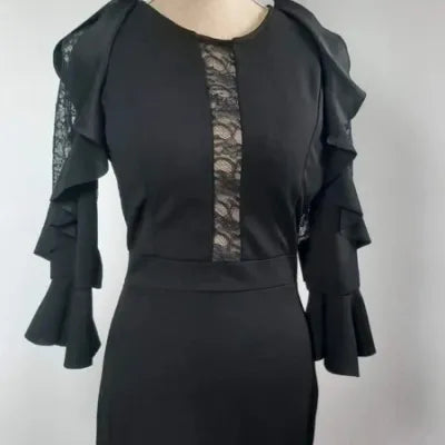 Chic Black Evening Dress - Lace & Ruffle Details - Size L (US 10) - NEW