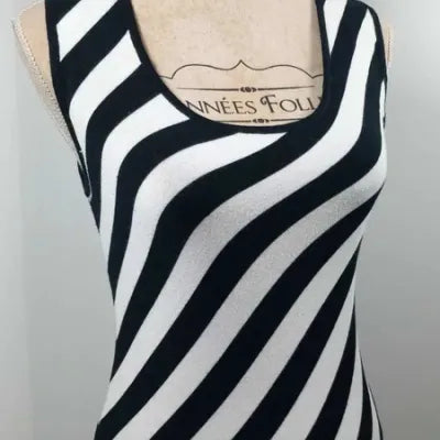 Caroll Tank Top – Black & White Diagonal Stripes – Stretch Knit – Size 40 (L)