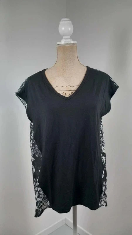 Tanais Two-Material Top - Size 42 - Black & White Floral Print - Flowy Cut
