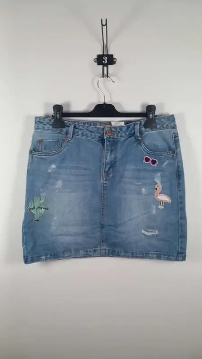 Jupe en Jean Brodée Flamant Rose & Cactus – Style Bohème Estival – Bleu Clair – Taille 40