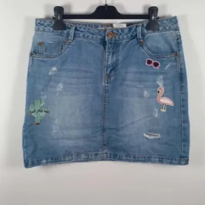 Jupe en Jean Brodée Flamant Rose & Cactus – Style Bohème Estival – Bleu Clair – Taille 40