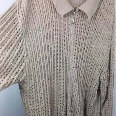 Long Size Up Cardigan – Beige – Openwork Knit & Shirt Collar – Plus Size 54/56