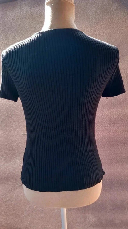Tee-shirt Noir en Maille Côtelée Chic - Zara - Taille M