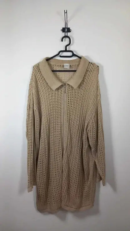 Long Size Up Cardigan – Beige – Openwork Knit & Shirt Collar – Plus Size 54/56