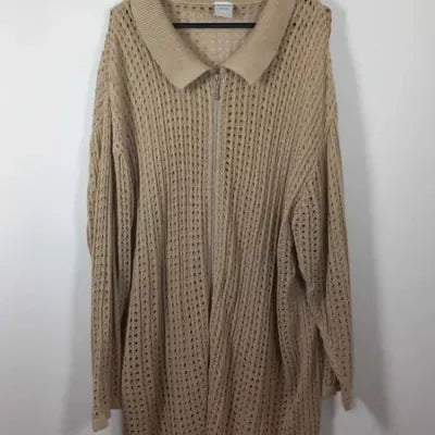 Long Size Up Cardigan – Beige – Openwork Knit & Shirt Collar – Plus Size 54/56