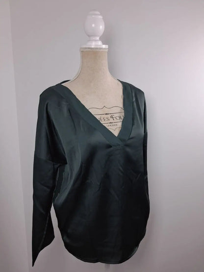Bottle Green Satin V-Neck Blouse – Chic & Elegant Style – Mango – Size M (UK 10-12)