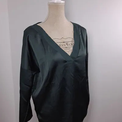 Bottle Green Satin V-Neck Blouse – Chic & Elegant Style – Mango – Size M (UK 10-12)
