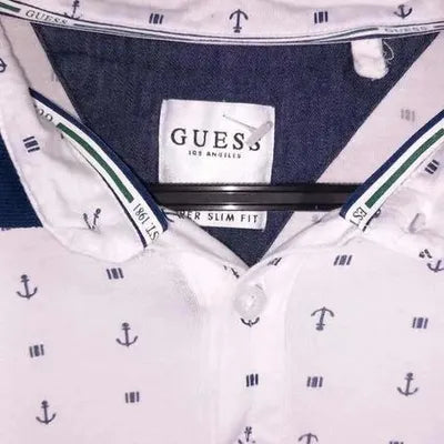 Guess Slim Fit White Anchor Print Polo New - Size M/L