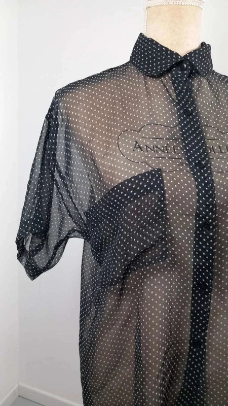 Chemisier Voile Transparent Noir à Pois - Taille 34/36 (S) - Style Vintage Chic