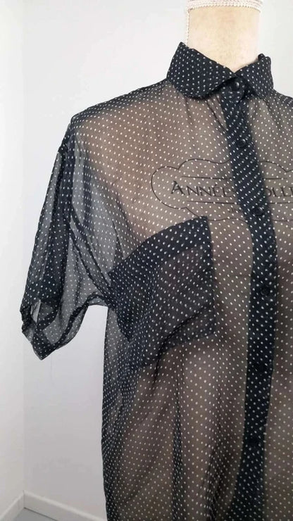 Chemisier Voile Transparent Noir à Pois - Taille 34/36 (S) - Style Vintage Chic