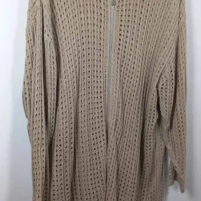 Long Size Up Cardigan – Beige – Openwork Knit & Shirt Collar – Plus Size 54/56