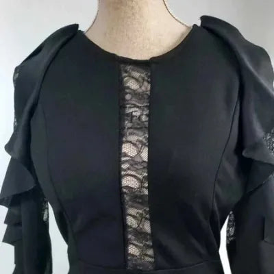 Chic Black Evening Dress - Lace & Ruffle Details - Size L (US 10) - NEW