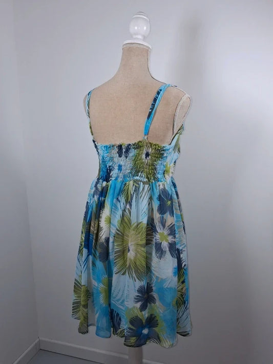 Blue and green floral tiered summer dress – Size 46