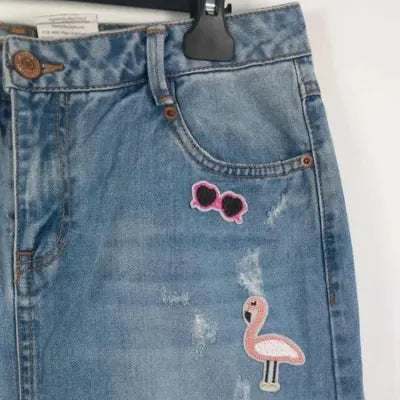Jupe en Jean Brodée Flamant Rose & Cactus – Style Bohème Estival – Bleu Clair – Taille 40