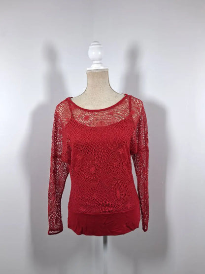Red lace / fishnet top Mim - Long sleeves size 38/40