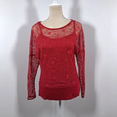 Red lace / fishnet top Mim - Long sleeves size 38/40