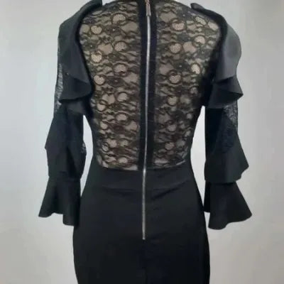 Chic Black Evening Dress - Lace & Ruffle Details - Size L (US 10) - NEW