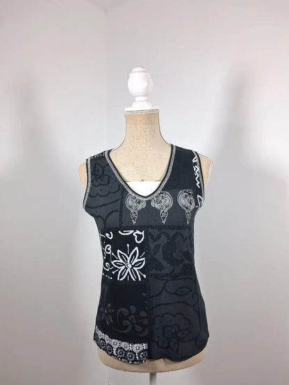 Kiabi Woman Patchwork Tank Top – Graphic & Rhinestone Style – Size 38/40 (M)