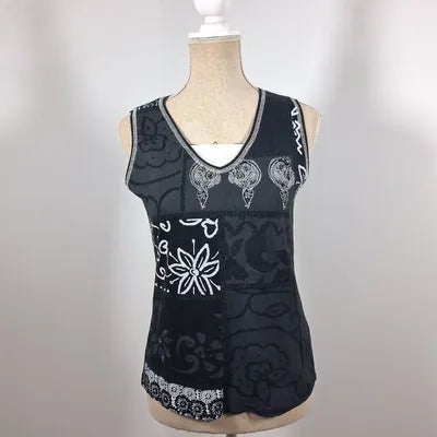Kiabi Woman Patchwork Tank Top – Graphic & Rhinestone Style – Size 38/40 (M)