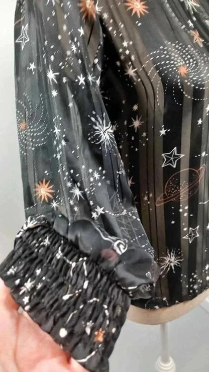 Chemisier Céleste Noir & Or - Imprimé Étoiles/Planètes - Taille XS - NEUF