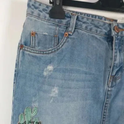 Jupe en Jean Brodée Flamant Rose & Cactus – Style Bohème Estival – Bleu Clair – Taille 40