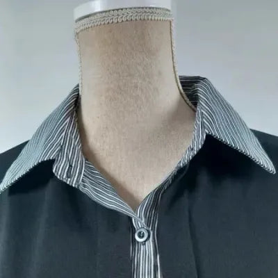 Black & Striped Bi-Material Shirt XL - Chic Layered Style - NEW