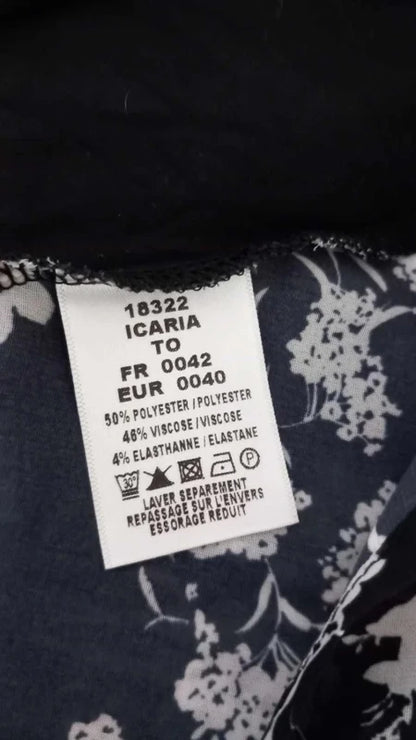 Tanais Two-Material Top - Size 42 - Black & White Floral Print - Flowy Cut