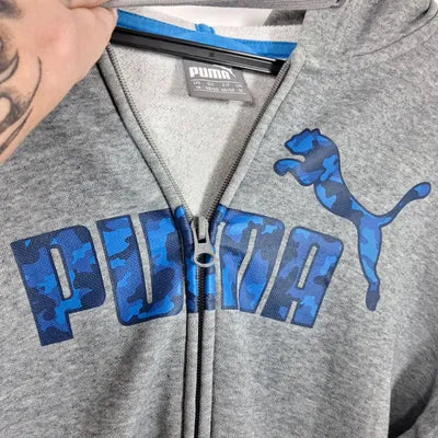 Sweat Zippé Capuche PUMA Camouflage Bleu – Style Streetwear Sport – Gris Chiné – Taille M