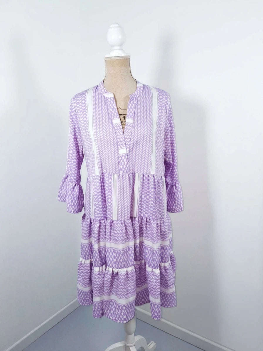 Robe bohème lilas et blanche Pigalle taille M neuve volants