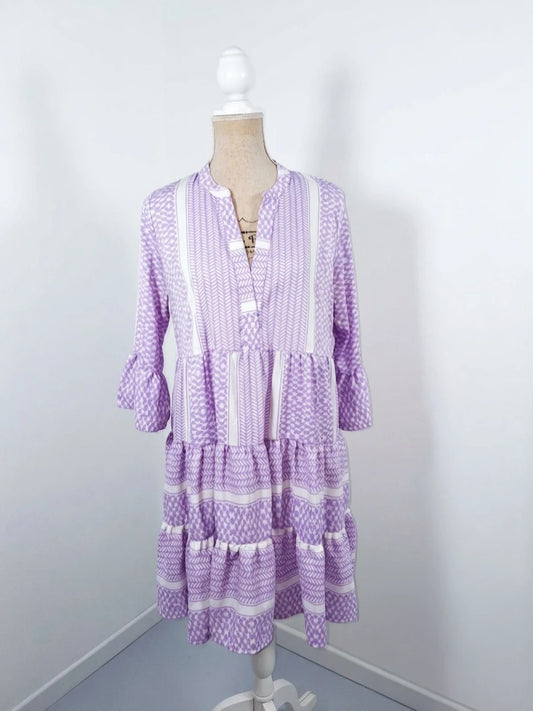 New Pigalle lilac and white bohemian dress, size M, ruffled