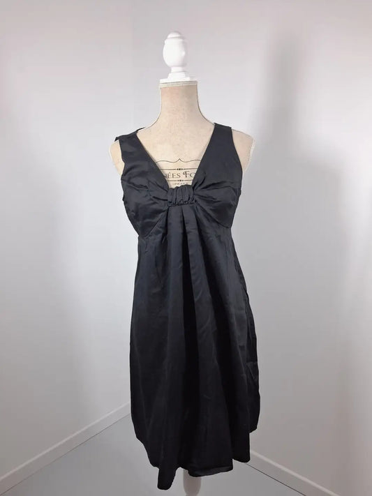 Black Dress Draped Bow Empire Cut – Vintage Chic Style – 100% Cotton – Size 40 (L)