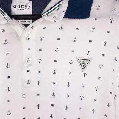 Guess Slim Fit White Anchor Print Polo New - Size M/L