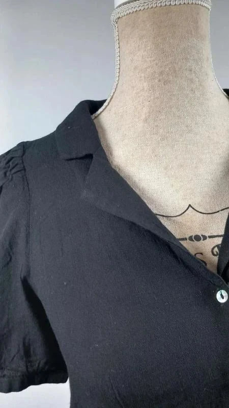 Top Zara Noir Fluide Style Rétro - Taille XS - Col Revers & Manches Bouffantes