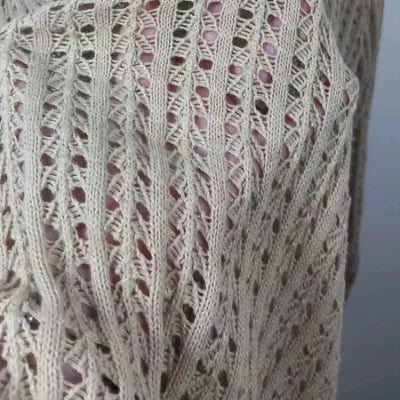 Long Size Up Cardigan – Beige – Openwork Knit & Shirt Collar – Plus Size 54/56