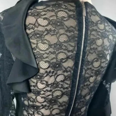 Chic Black Evening Dress - Lace & Ruffle Details - Size L (US 10) - NEW