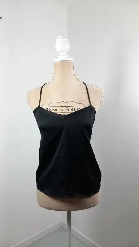 Etam Cami Top – Black – Satin Effect & Racerback Lace – Décol Dreamt V – Size XS