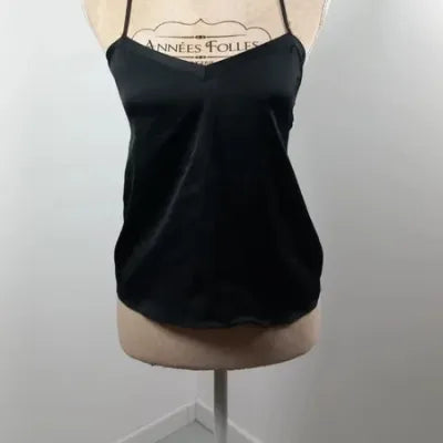 Etam Cami Top – Black – Satin Effect & Racerback Lace – Décol Dreamt V – Size XS