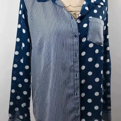 Chemise Tissaia – Mix Pois & Rayures Bleu Marine/Blanc – Coupe Asymétrique – Taille 40 (L)